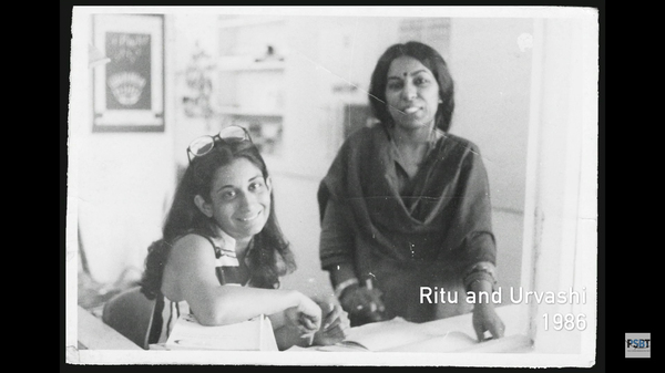 1986 photo of two young feminist publishers, Ritu Menon and Urvashi Butalia