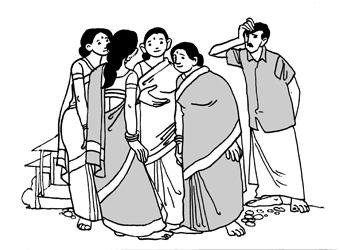 a gathering of sari-clad women, while a man looks at them, scratching his head