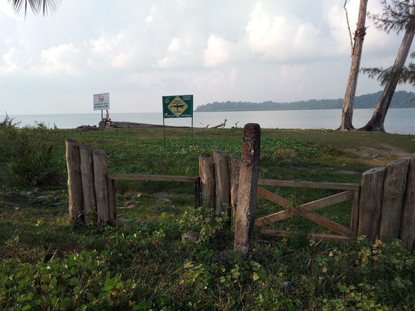 Photo contains a barricade on land just before the sea with a sign that says, ‘Danger. Crocodiles. No swimming.’