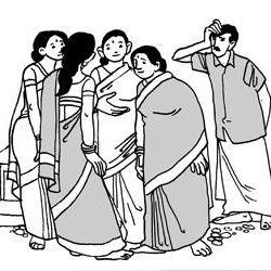 a gathering of sari-clad women, while a man watches them from afar, scratching his head