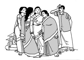 a gathering of sari-clad women, while a man watches them from afar, scratching his head